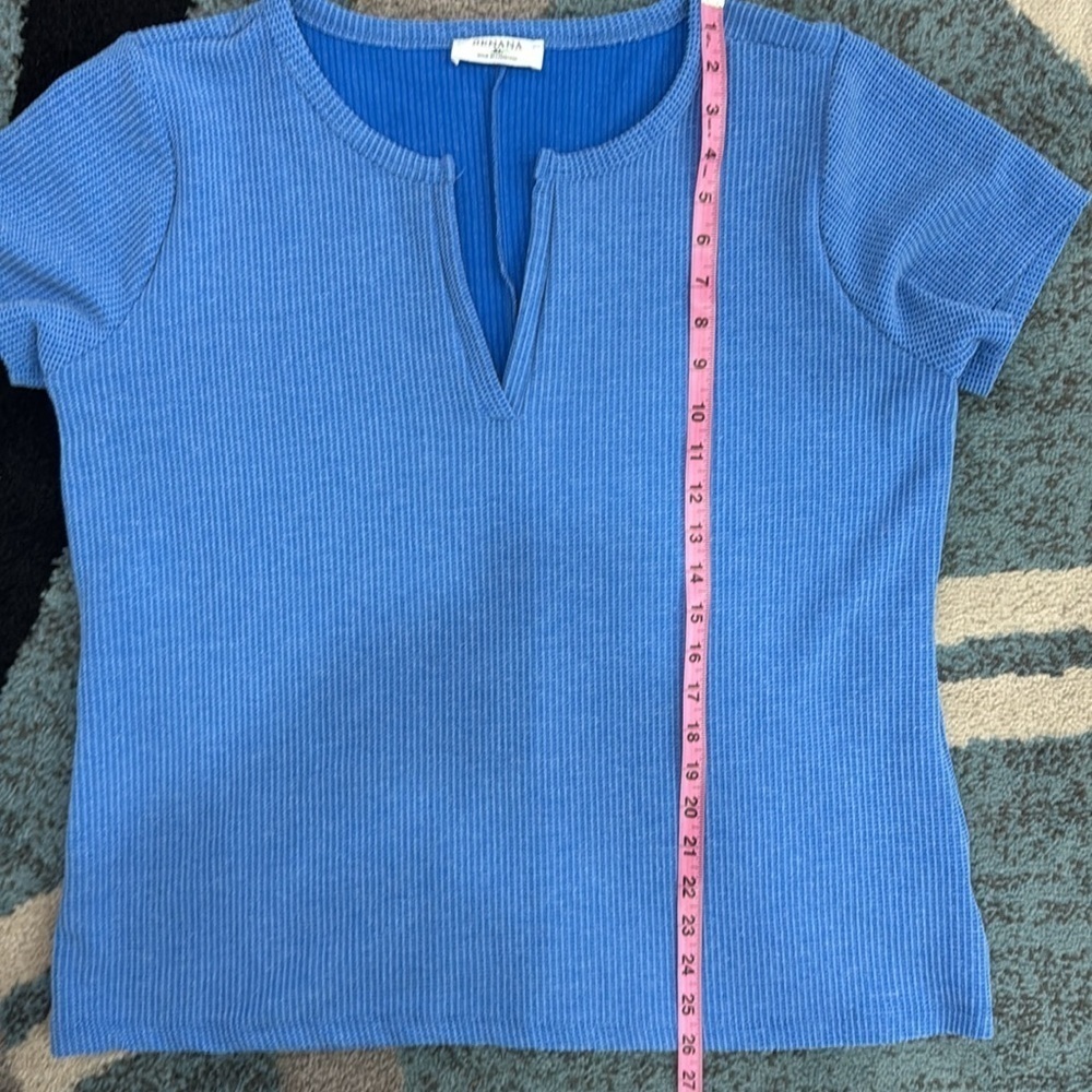 Zenana Blue V-Neck Waffle Knit Short Sleeved Blouse. Sz XL - Picture 7 of 11